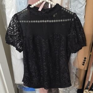 Lily White Black Lace Fitted Blouse with Mandarin Collar